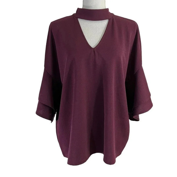 Blue Rain Burgundy Blouse Keyhole Neckline Flared Layered Ruffle Sleeves Large - Picture 1 of 9